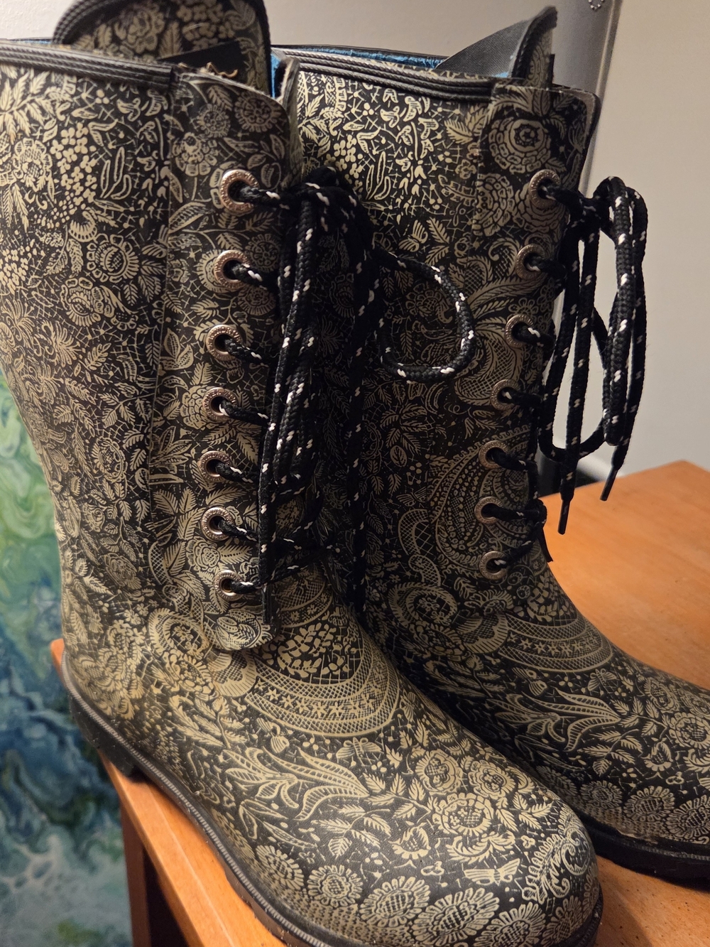 Undercover Black and Gold Floral Lace-Up Boots